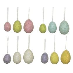Foto van 12x gekleurde glitter plastic/kunststof eieren/paaseieren 4-6 cm - feestdecoratievoorwerp