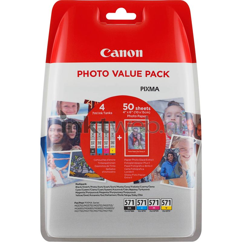 Foto van Canon cli-571 4-pack en fotopapier zwart en kleur cartridge