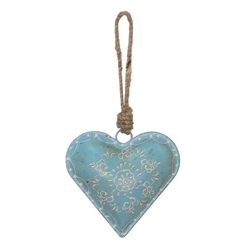 Foto van Clayre & eef hanger hart 10x10 cm blauw ijzer bloem woondecoratie blauw woondecoratie