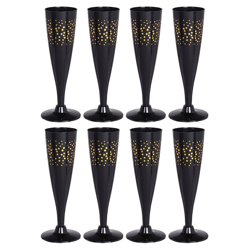 Foto van Eh prosecco/champagneglazen - 8x - zwart/goud - kunststof - 130 ml - herbruikbaar - champagneglazen