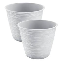 Foto van 2x stuks stijlvolle kunststof plantenpot/bloempot dia 17 cm/hoogte 14.5 cm paintstripe wit - plantenpotten