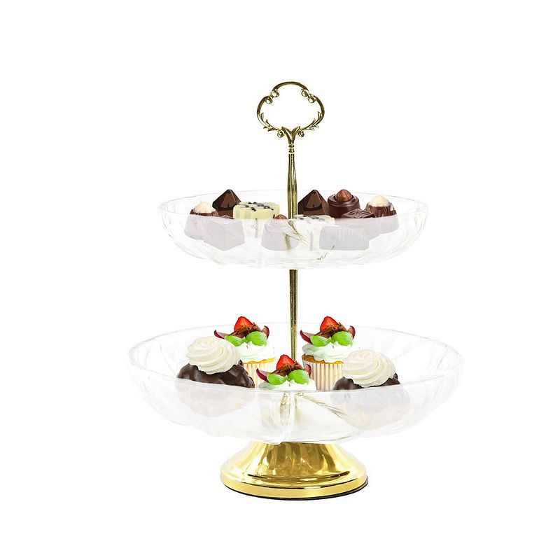 Foto van Items design etagere - goud/transparant - 2 laags - metaal/glas - 25 x 29 cm - etageres