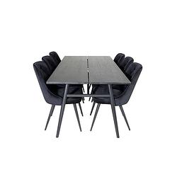 Foto van Sleek eethoek eetkamertafel uitschuifbare tafel lengte cm 195 / 280 zwart en 6 velvet deluxe eetkamerstal velours zwart.