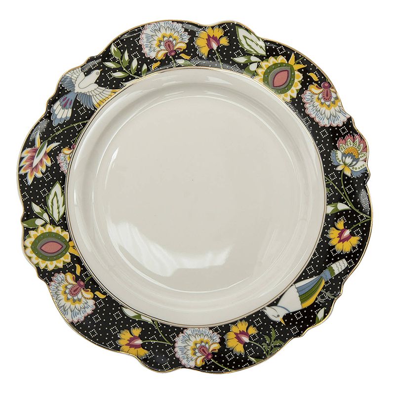 Foto van Clayre & eef servies dinerbord ø 28*2 cm zwart, wit keramiek rond bloemen-vogels eetbord zwart eetbord