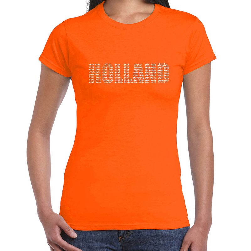 Foto van Glitter holland t-shirt oranje rhinestone steentjes voor dames nederland supporter ek/ wk 2xl - feestshirts