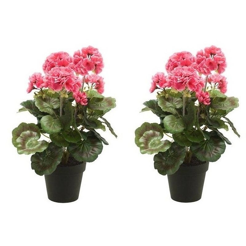 Foto van 2x kunstplanten geranium roze in zwarte pot 35 cm - kunstplanten