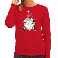 Foto van Bellatio decorations foute kersttrui/sweater voor dames - karaoke gnoom - rood - kerstkabouter m - kerst truien