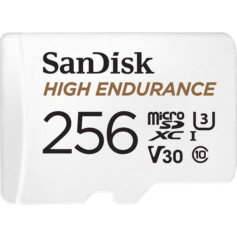 Foto van Sandisk high endurance monitoring minisdxc-kaart 256 gb class 10, uhs-i, uhs-class 3, v30 video speed class incl. sd-adapter