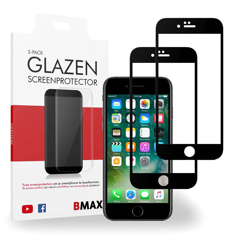 Foto van 2-pack bmax apple iphone 7 plus screenprotector - glass - full cover 5d - black