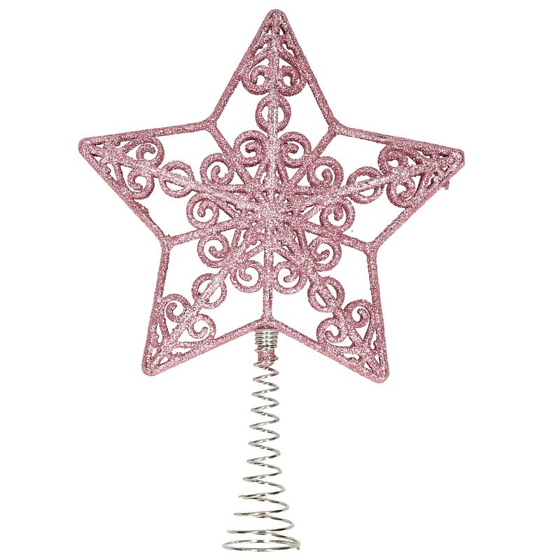 Foto van Kunststof kerstboom open ster piek glitter roze 20 cm - kerstboompieken