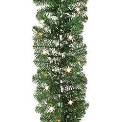 Foto van 1x dennenslingers / dennen guirlandes groen met verlichting en timer 270 cm - kerstslingers / dennen slingers