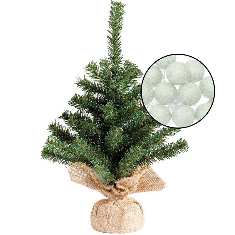 Foto van Mini kerstboom groen - met verlichting bollen lichtgroen - h45 cm - kunstkerstboom