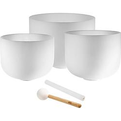 Foto van Meinl sonic energy white frosted crystal singing bowl klankschalen set (a4, f4, d4)