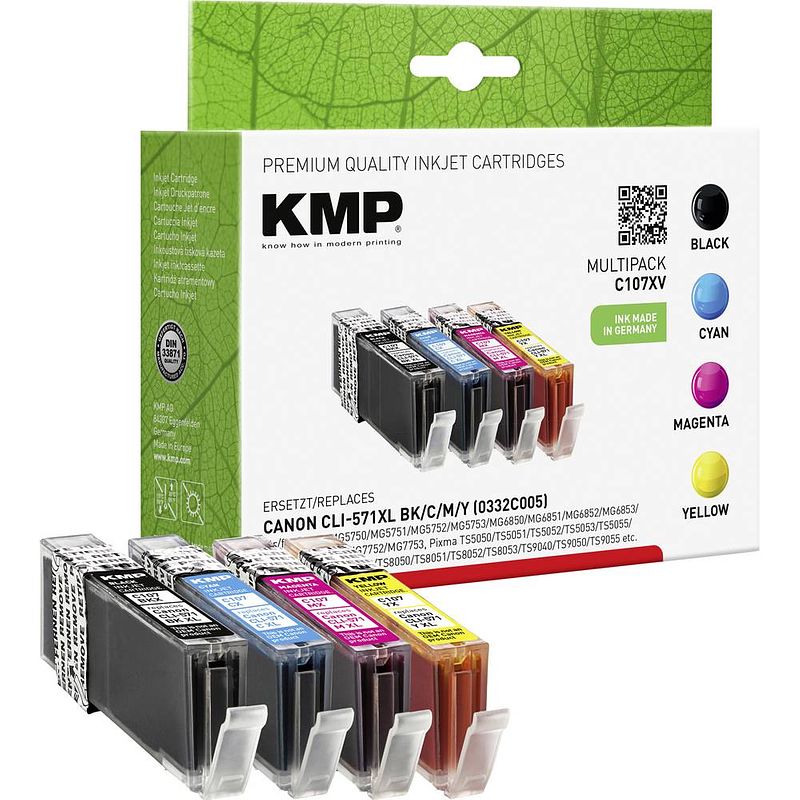 Foto van Kmp inkt vervangt canon cli-571 xl compatibel combipack foto zwart, cyaan, magenta, geel c107xv 1568,0050