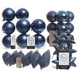 Foto van Kerstversiering kunststof kerstballen donkerblauw 6-8-10 cm pakket van 62x stuks - kerstbal