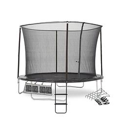 Foto van Plum fun trampoline met veiligheidsnet - zwart - 305 cm - inclusief ladder, verankeringsset en schoenenopbergvak