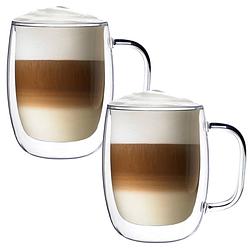 Foto van Luxe dubbelwandige theeglazen - cappuccinoglazen - latte macchiato glazen dubbelwandig met oor - 400 ml - set van 2