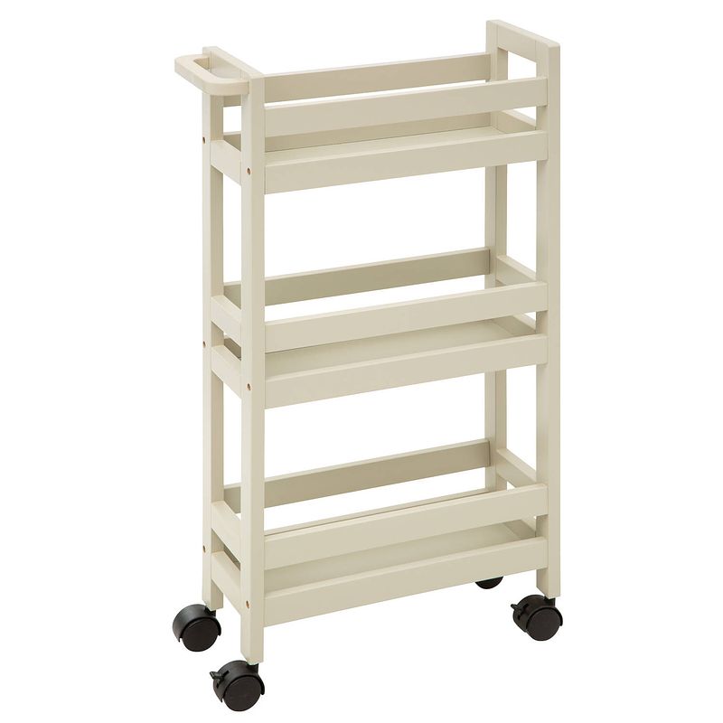 Foto van Keuken of badkamer trolley 3-laags - creme wit - d15 x b40 x h75 cm - mdf hout - met wielen - opberg trolley