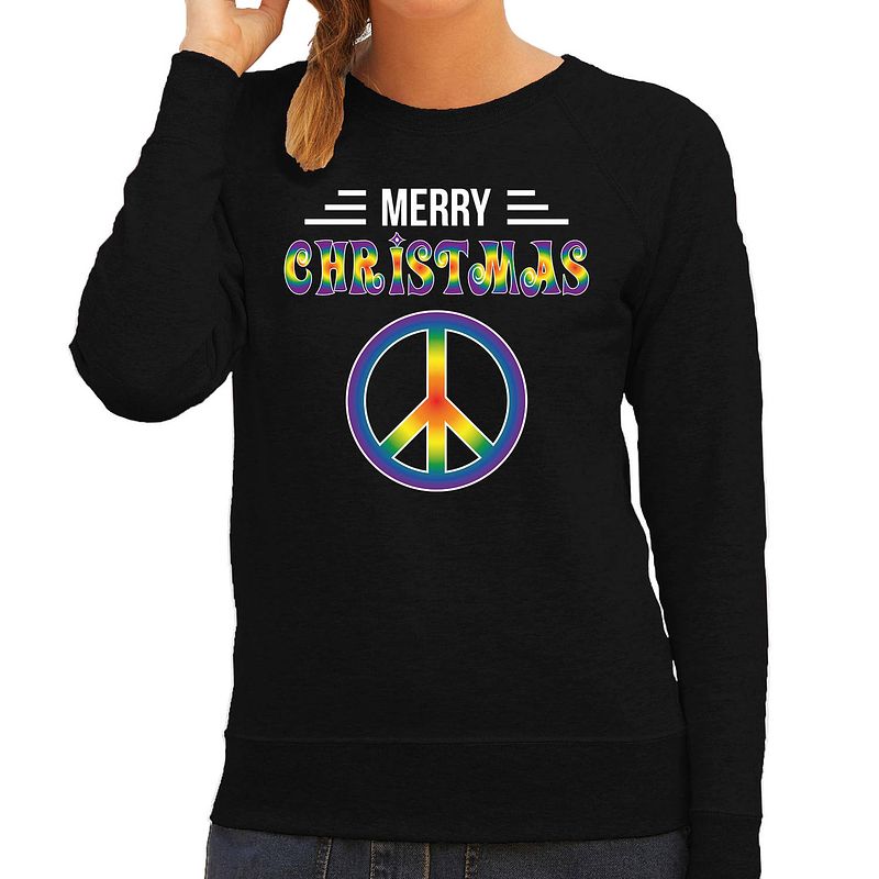 Foto van Merry christmas hippie foute kerstsweater / kersttrui zwart voor dames 2xl - kerst truien