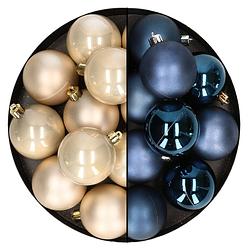 Foto van 24x stuks kunststof kerstballen mix van donkerblauw en champagne 6 cm - kerstbal