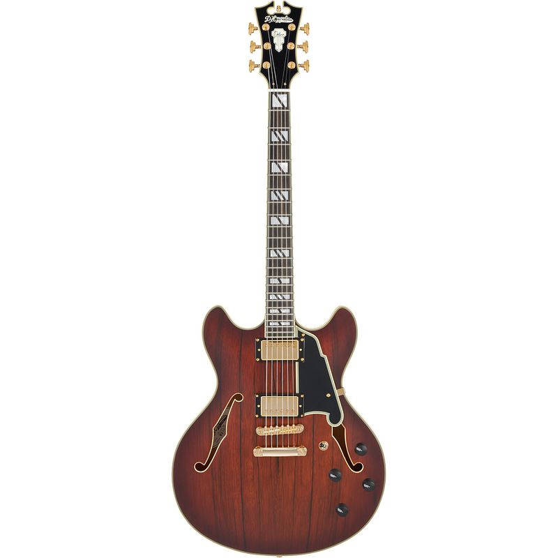 Foto van D'sangelico deluxe dc stopbar satin brown burst semi-akoestische gitaar met koffer