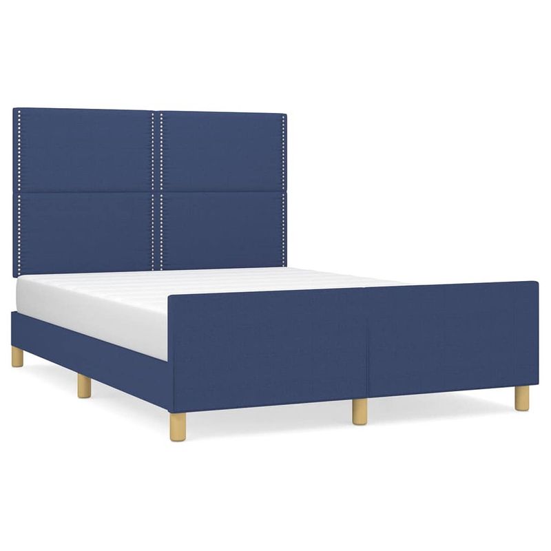 Foto van The living store bedframe - blauw stoffen hoofdeind - 193x146x118/128cm - multiplex lattenbodem