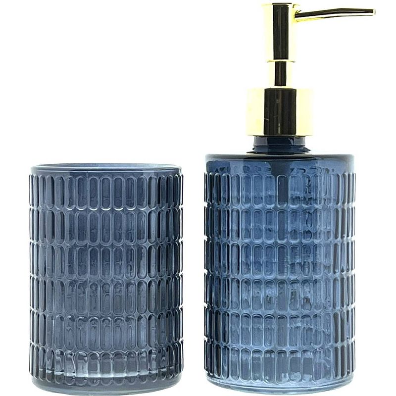 Foto van Zeeppomp - zeepdispenser & glas / tandenborstelhouder - blauw/goud