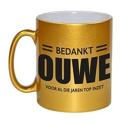 Foto van Bedankt ouwe voor de top inzet pensioen mok / beker goud afscheidscadeau 330 ml - feest mokken