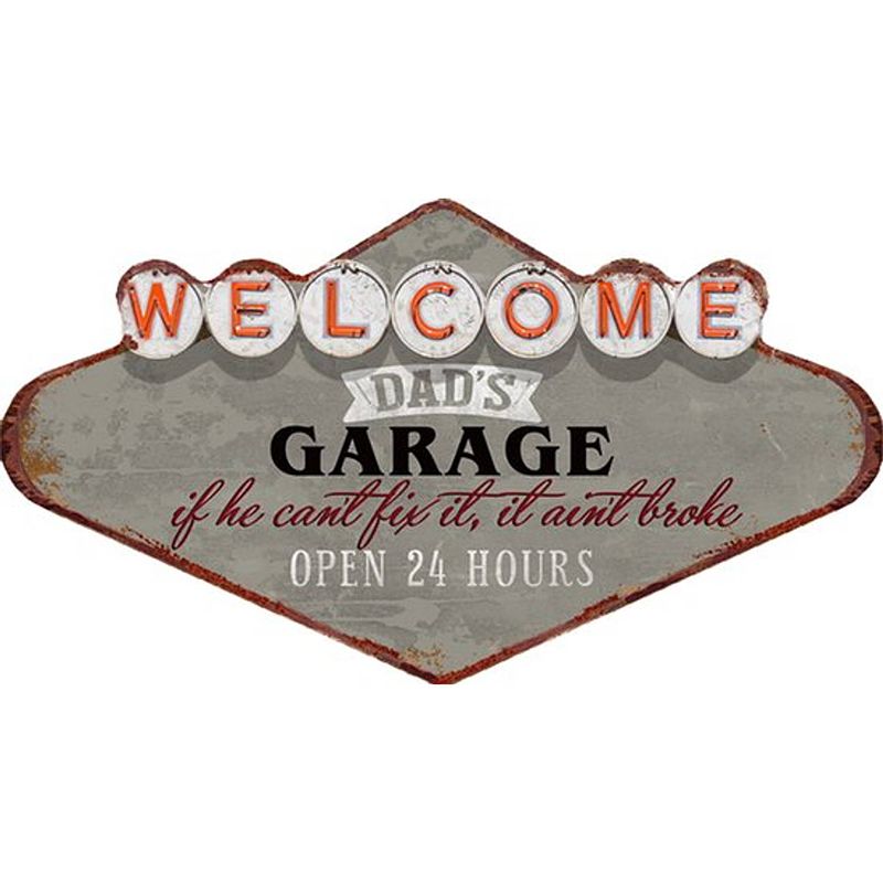 Foto van Clayre & eef wanddecoratie 49x27 cm grijs rood ijzer welcome dad'ss garage muurdecoratie wandversiering tekstbord