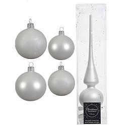 Foto van Glazen kerstballen pakket winter wit glans/mat 38x stuks 4 en 6 cm met piek mat - kerstbal