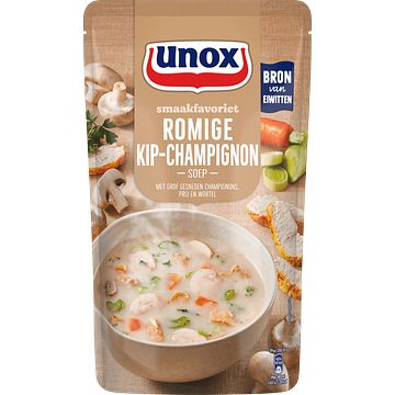 Foto van 2 zakken soep a 570 ml, pakken cupasoup a 3 stuks of single verpakkingen noodles of pasta | unox smaakfavoriet soep in zak romige kipchampignon 570ml aanbieding bij jumbo