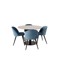 Foto van Razziagr eethoek eetkamertafel terazzo grijs en 4 velvet eetkamerstal velours blauw, zwart.