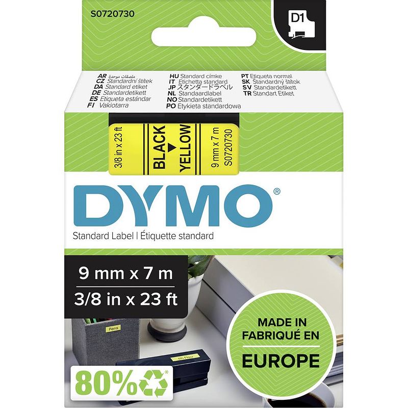 Foto van Dymo d1 tape 9 mm, zwart op geel