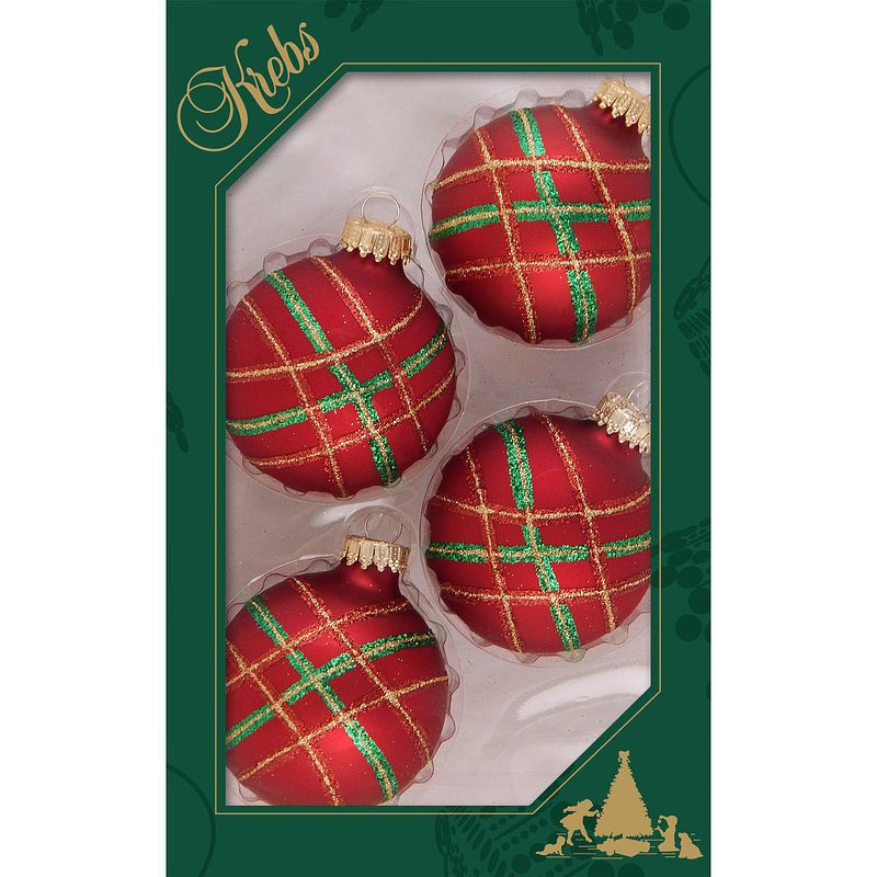 Foto van 4x stuks luxe glazen kerstballen 7 cm rood velvet met ruit - kerstbal