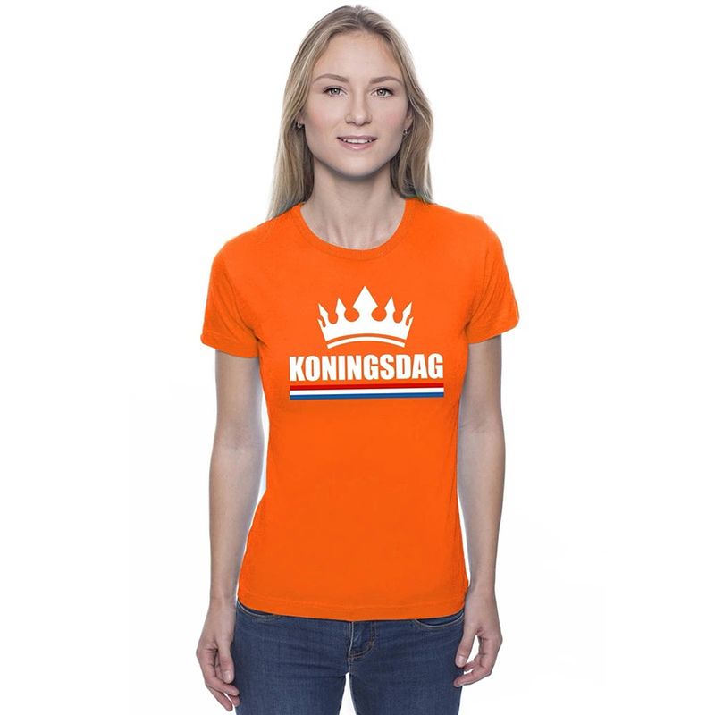 Foto van Oranje koningsdag met een kroon shirt dames - oranje koningsdag kleding. xs