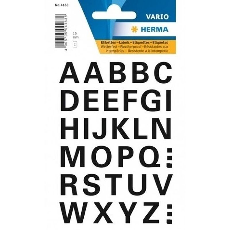 Foto van 32x letter stickers zwart 15 mm - stickervel met alfabet letters zwart 32 stuks - alfabet plakstickers 15mm