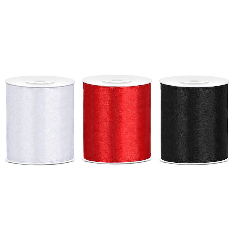 Foto van 3x rollen hobby decoratie satijnlint zwart-wit-rood 10 cm x 25 meter - cadeaulinten