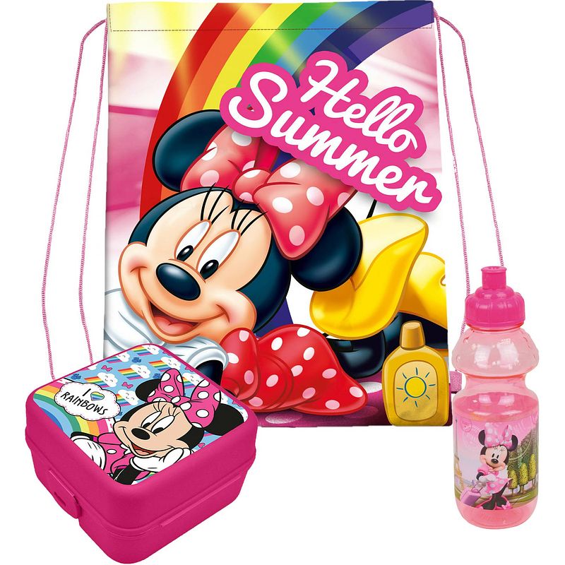 Foto van Disney minnie mouse lunchbox set voor kinderen - 3-delig - roze - incl. gymtas/schooltas - lunchboxen