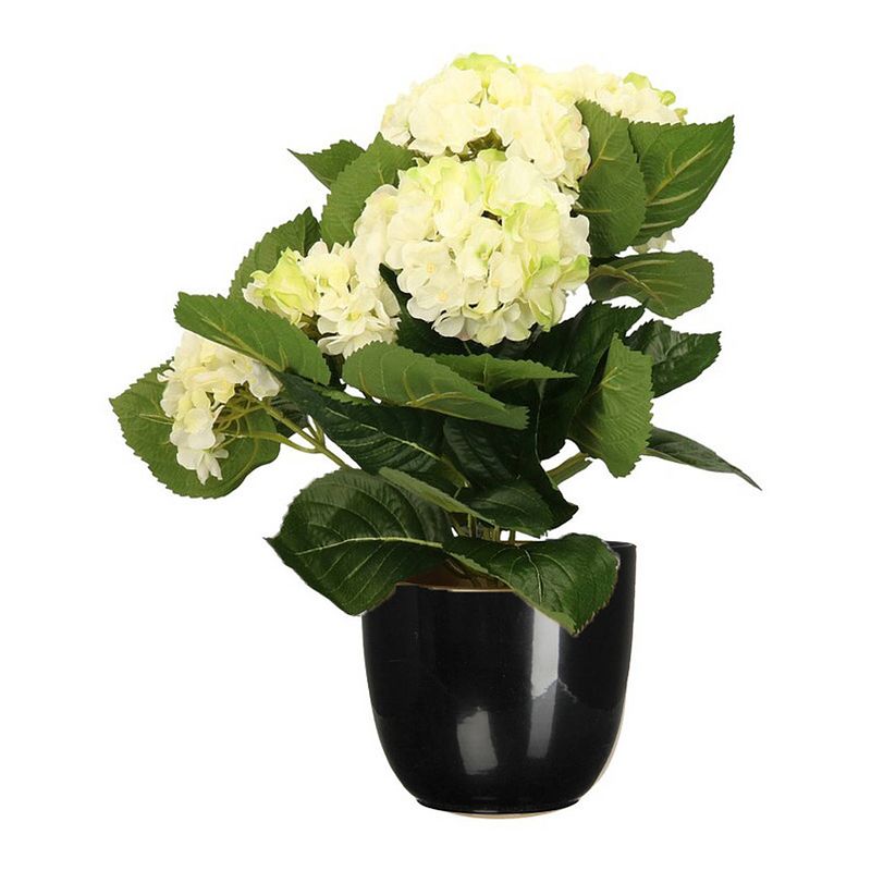 Foto van Hortensia kunstplant/kunstbloemen 36 cm - wit/groen - in pot zwart glans - kunstplanten