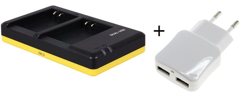 Foto van Duo lader voor 2 camera accu's nikon en-el23 + handige 2 poorts usb 230v adapter