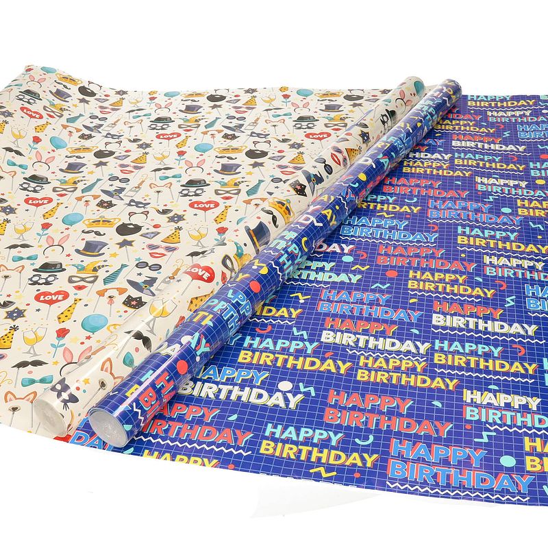 Foto van Inpakpapier happy birthday en photobooth - 4 stuks - 70 x 200 cm - cadeaupapier