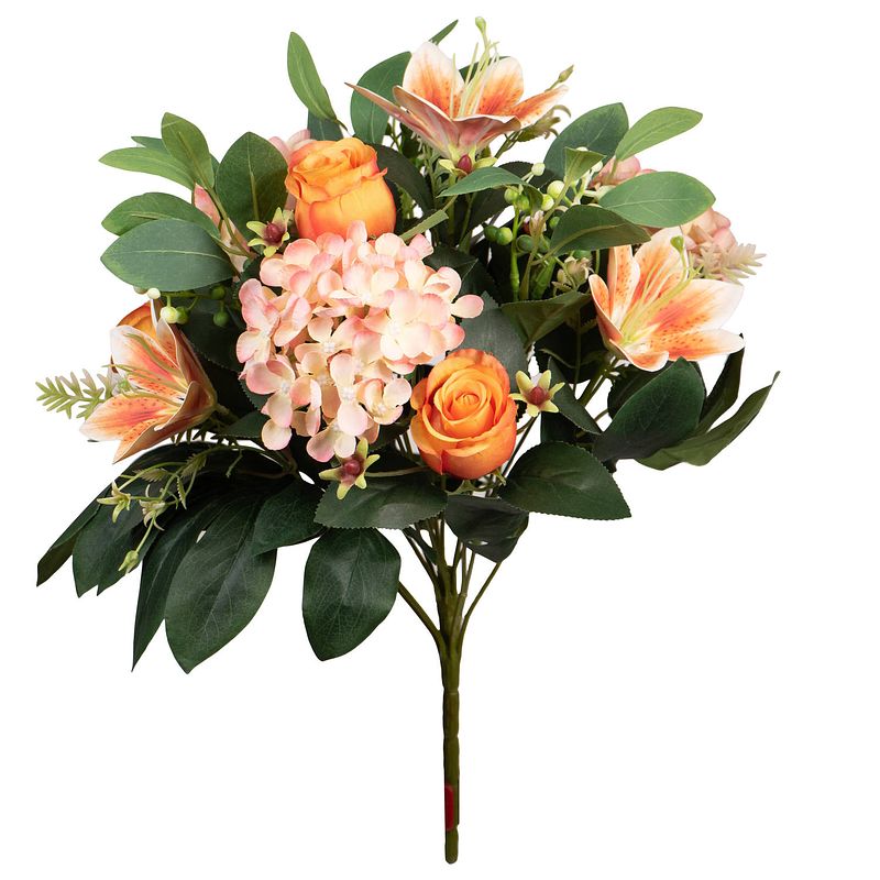 Foto van Louis maes kunstbloemen boeket roos/hortensia/lelie - oranje/zalm - h39 cm - bloemstuk - bladgroen - kunstbloemen