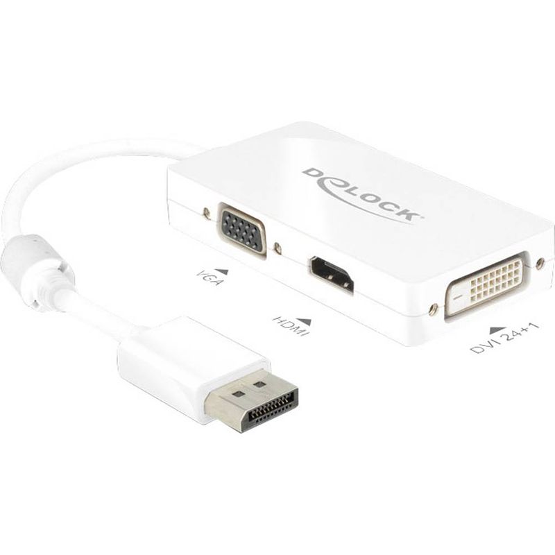 Foto van Delock 62655 displayport / vga / hdmi / dvi adapter [1x displayport stekker - 1x vga-bus, hdmi-bus, dvi-bus 24+1-polig] wit met ferrietkern 16.00 cm