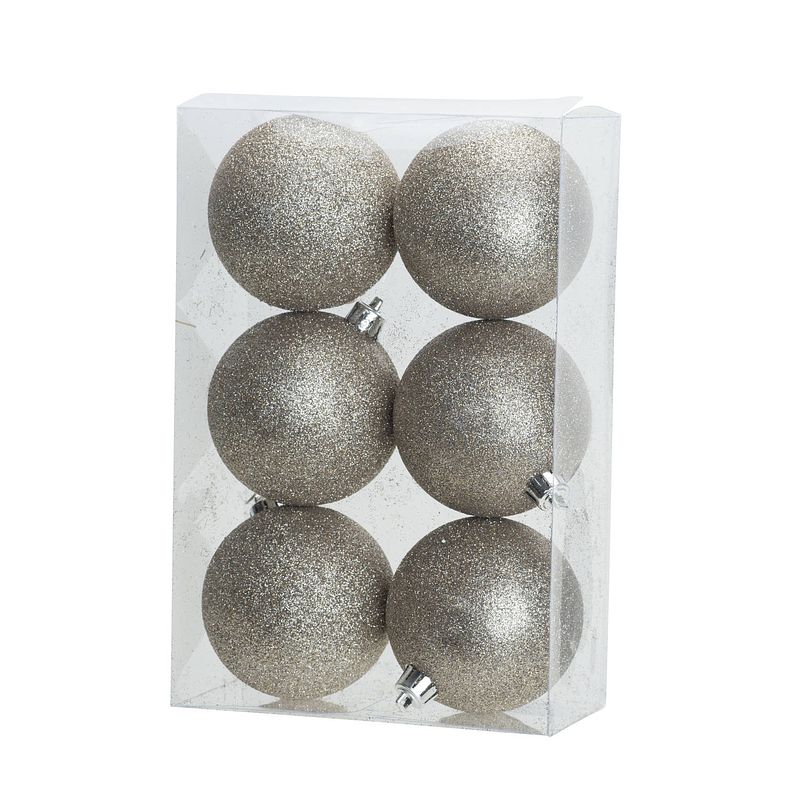 Foto van 6x stuks kunststof glitter kerstballen champagne 8 cm - kerstbal