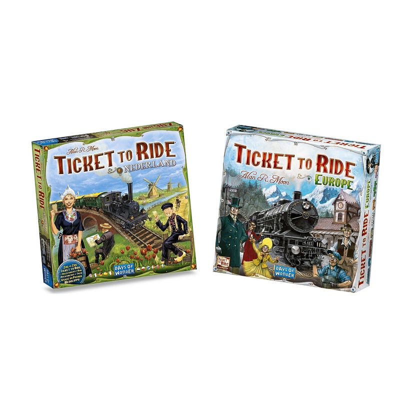 Foto van Ticket to ride spellenbundel - bordspel -2 stuks- europa (basisspel) & uitbreiding nederland