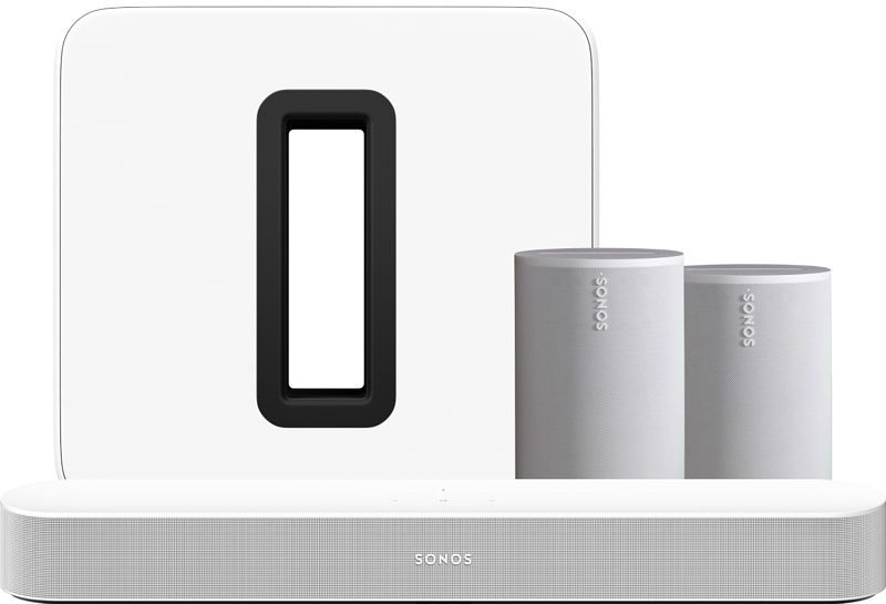 Foto van Sonos beam wit + 2x era 100 wit + sub g3 wit