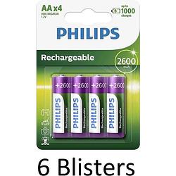 Foto van 24 stuks (6 blisters a 4 st) philips aa oplaadbare batterijen - 2600mah