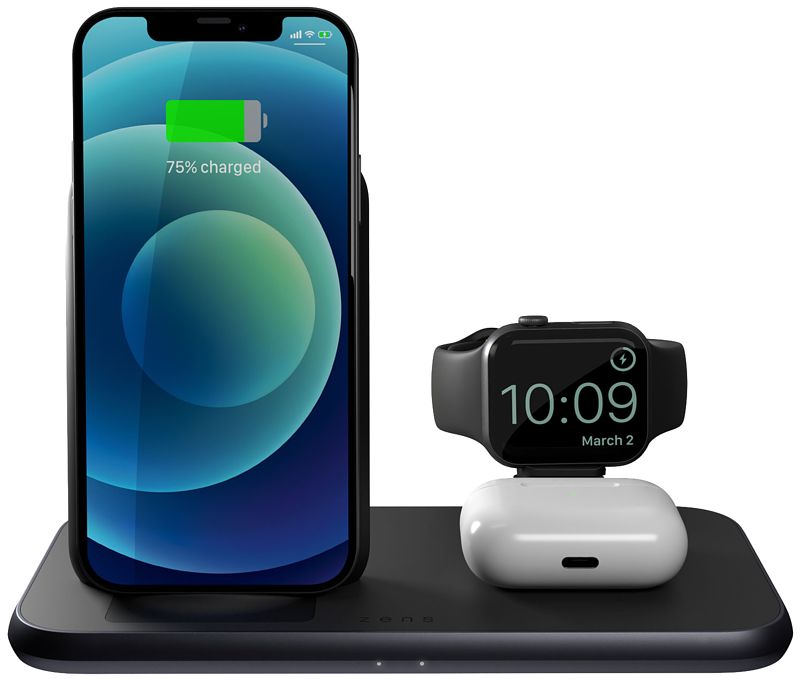 Foto van Zens 3-in-1 draadloze oplader 10w met standaard en apple watch oplader zwart