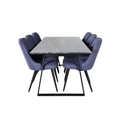 Foto van Estelleblbl eethoek eetkamertafel zwart, marmer en 6 velvet deluxe eetkamerstal blauw, zwart.