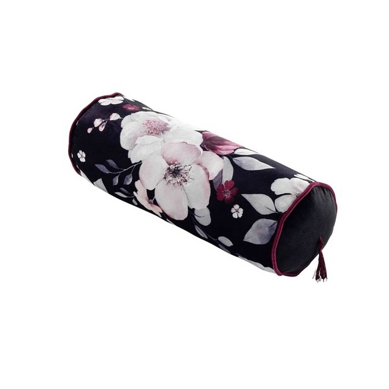 Foto van Casa di elturo velvet bolster spool kussen flower - rond - zwart (incl. vulling)